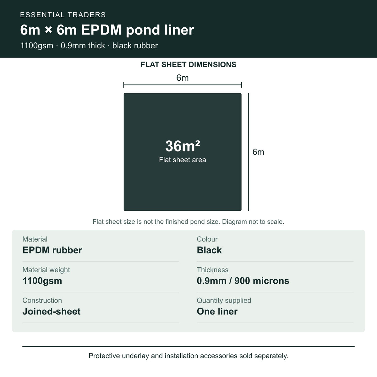 6m x 6m EPDM liner: 36 square metres, 1100gsm and 0.9mm thickness