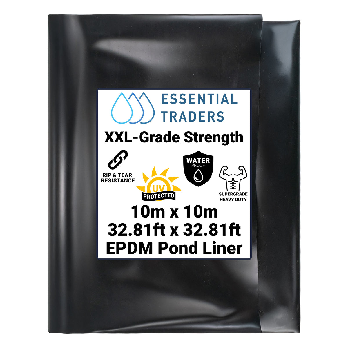 10m x 10m black EPDM pond liner with its size label