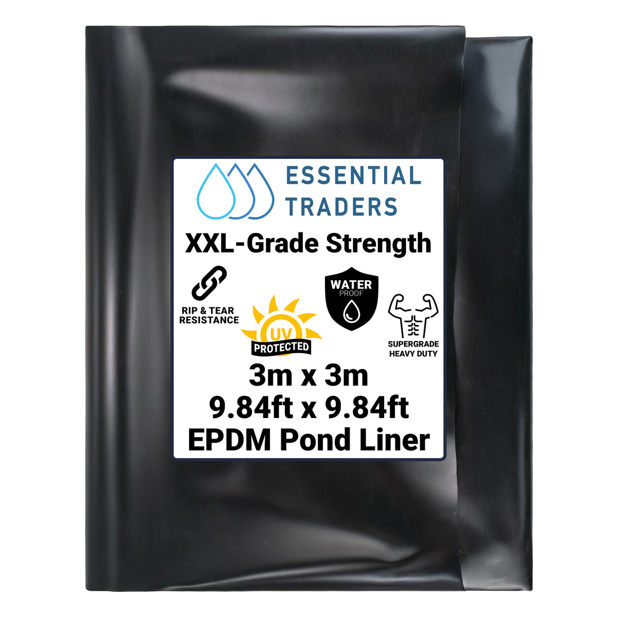3m x 3m black EPDM pond liner with its size label
