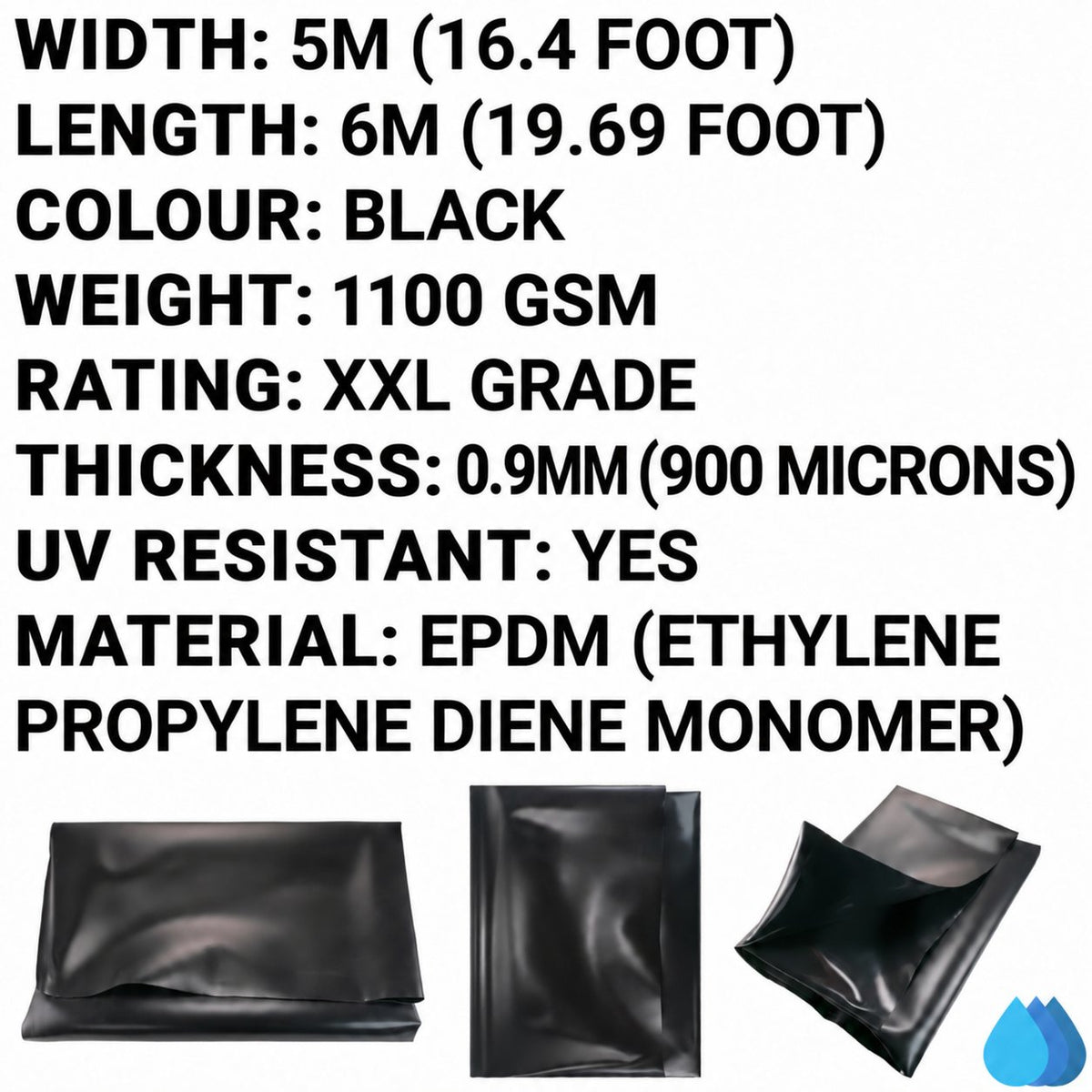5m x 6m EPDM pond liner specifications: 1100gsm and 0.9mm thickness