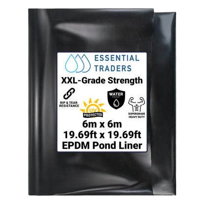 6m x 6m black EPDM pond liner with its size label