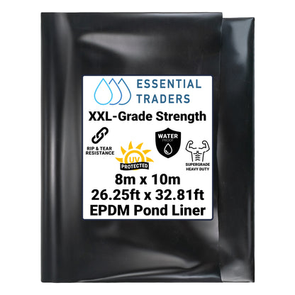 8m x 10m black EPDM pond liner with its size label