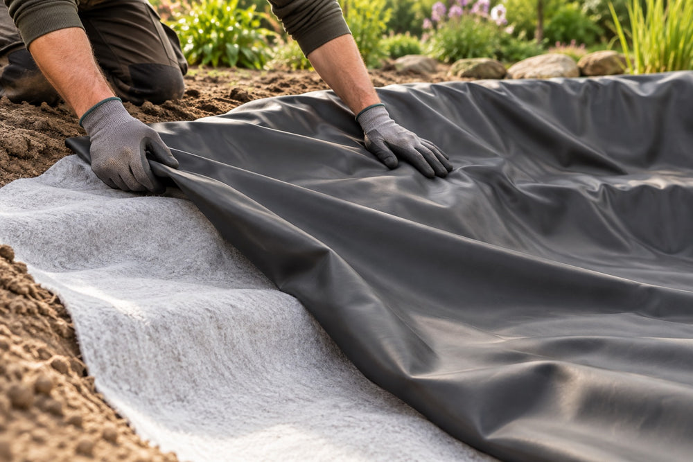 Illustration of black rubber pond liner being laid over protective geotextile underlay; underlay sold separately