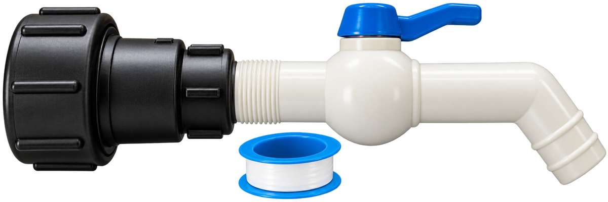 IBC S60x6 tap kit: black extended adapter, white tap with blue lever and 32mm angled outlet, plus PTFE tape