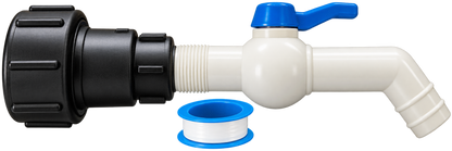 IBC S60x6 tap kit: black extended adapter, white tap with blue lever and 32mm angled outlet, plus PTFE tape