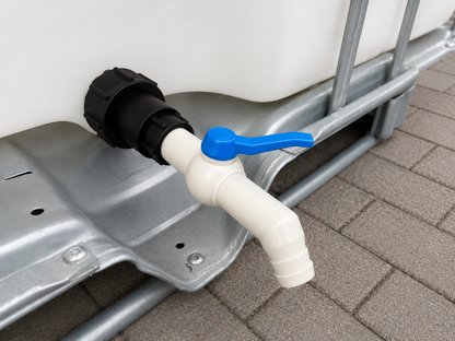 Replacement IBC tap kit fitted to a tank outlet using the black extended S60x6 adapter; tank not included