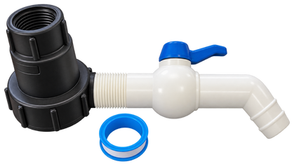 Kit components shown separately: black extended S60x6 to 1-inch BSP female adapter, white male-threaded tap and PTFE tape
