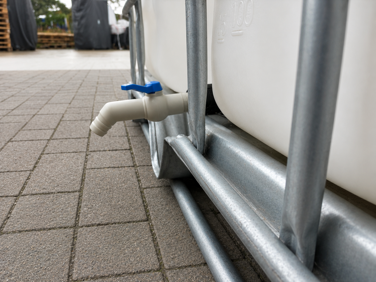 Side view of the replacement IBC tap and extended adapter on a tank; tank not included