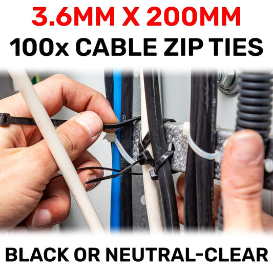 3.6mm x 200mm Long 20cm Cable Wire PC Zip Tie Wraps Black or Neutral 18KG Thick