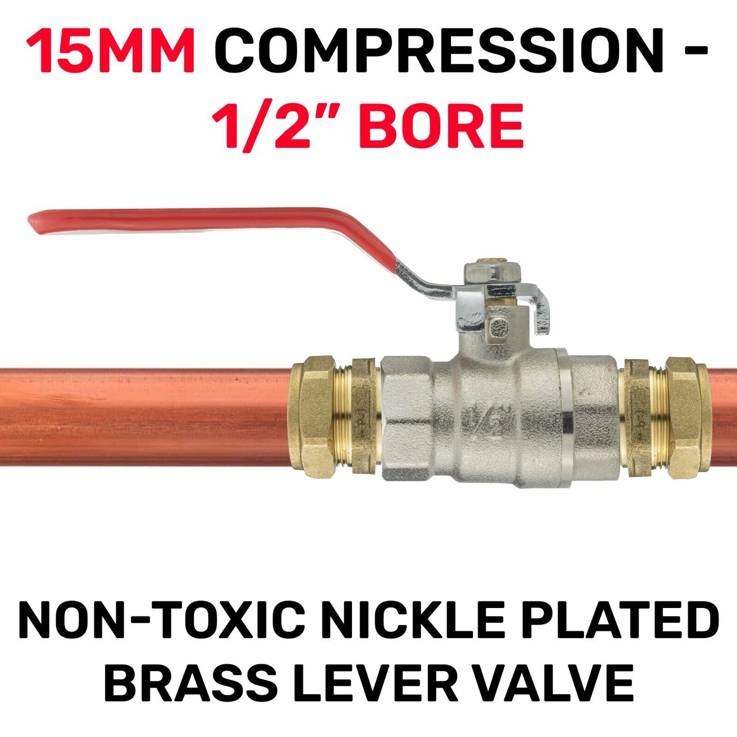 1/2" Bore Copper Pipe Brass Compression Fitting & Ball Valve Water Shutoff Lever