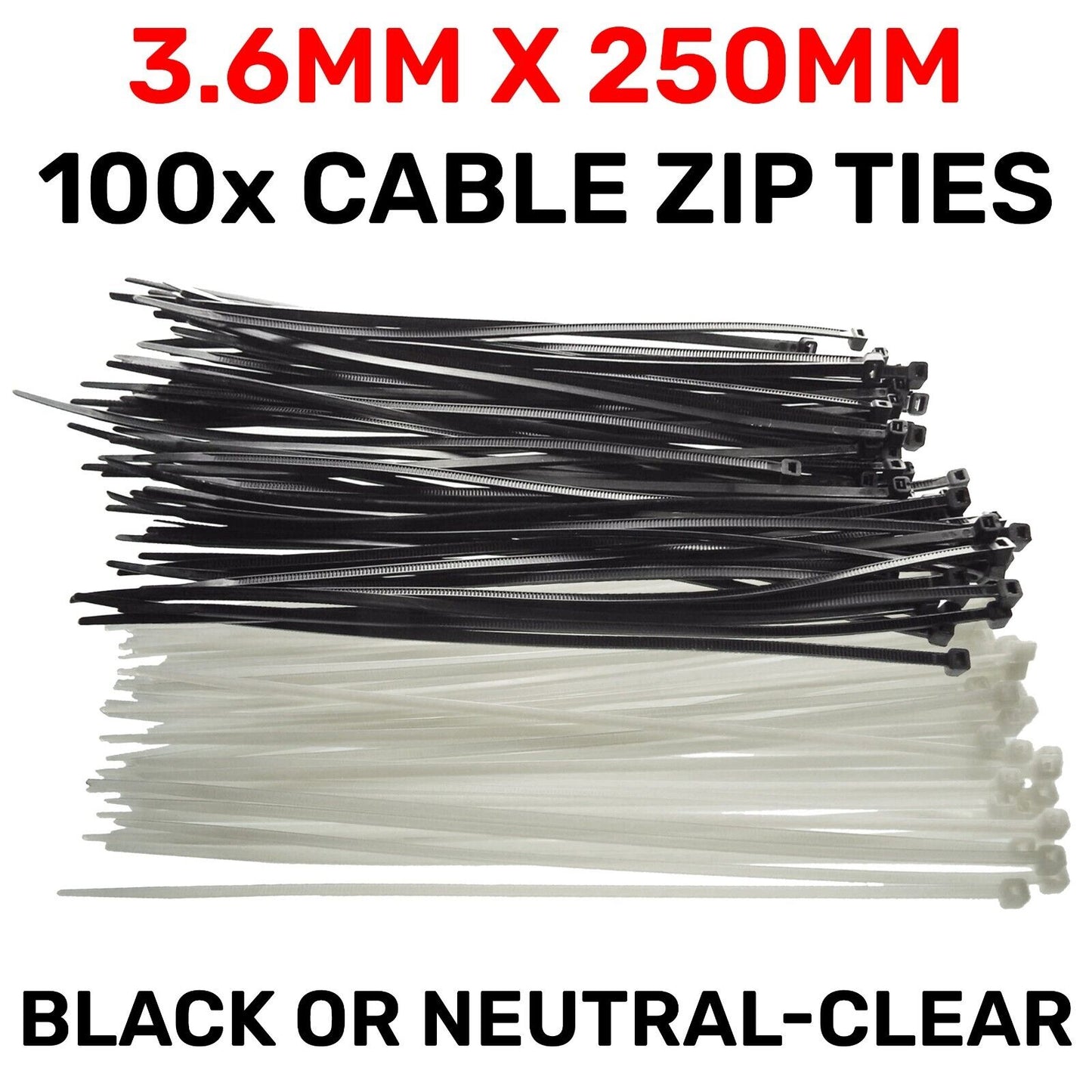 Wide 3.6mm x 250mm 25cm Long Cable Wire Zip Tie Wrap Black or Neutral 18KG Large