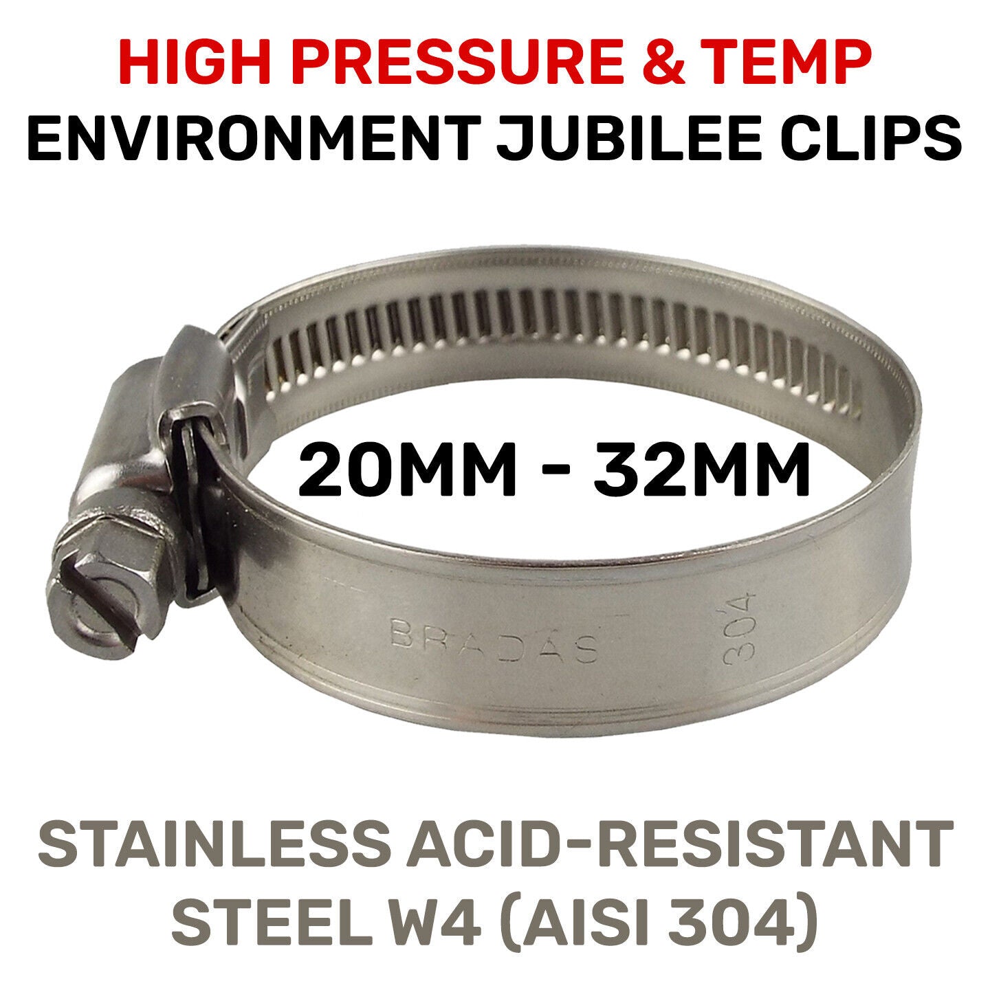 20 - 32mm Clip 12MM Hose Worm Drive Hose Clamps W4 Cert Stainless STEEL