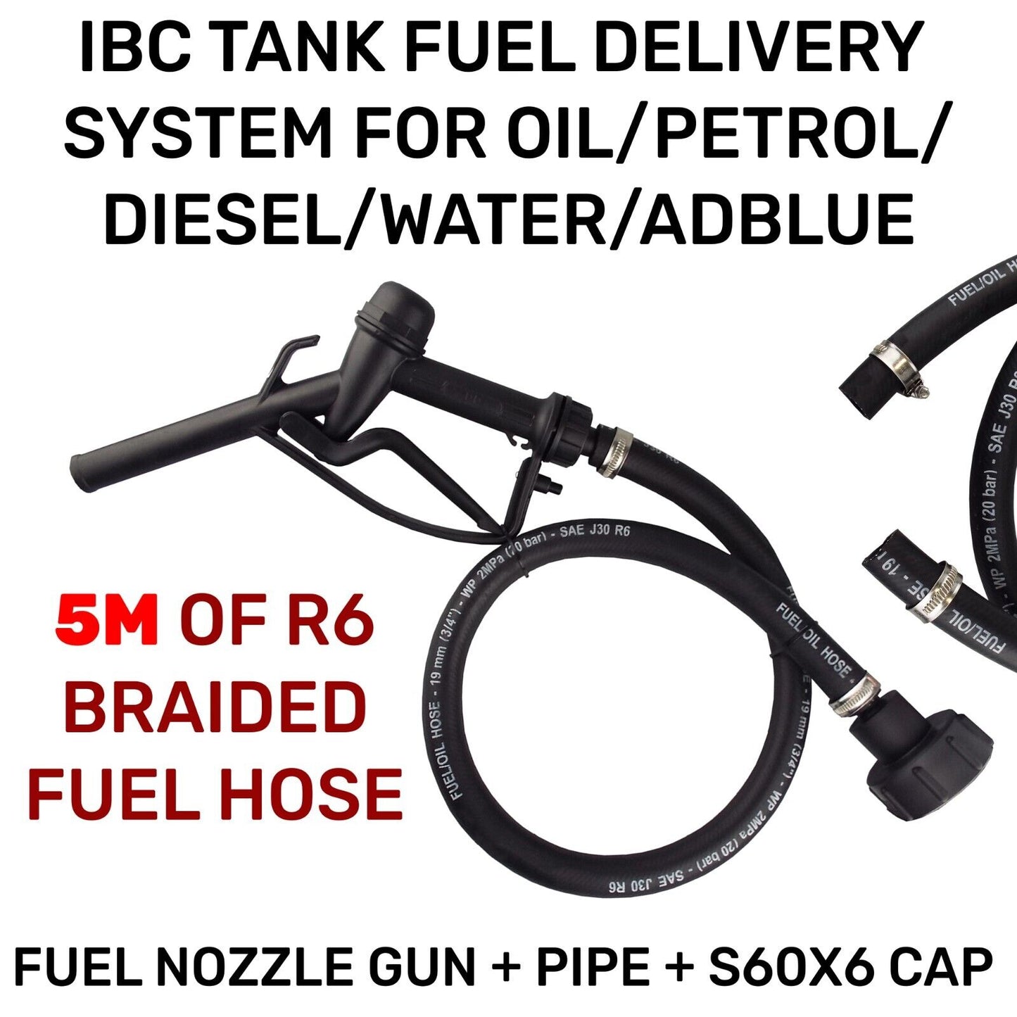 IBC Tank Fuel Delivery Kit Fitting R6 Hose Nozzle Oil Water Diesel Adblu 5M Kit