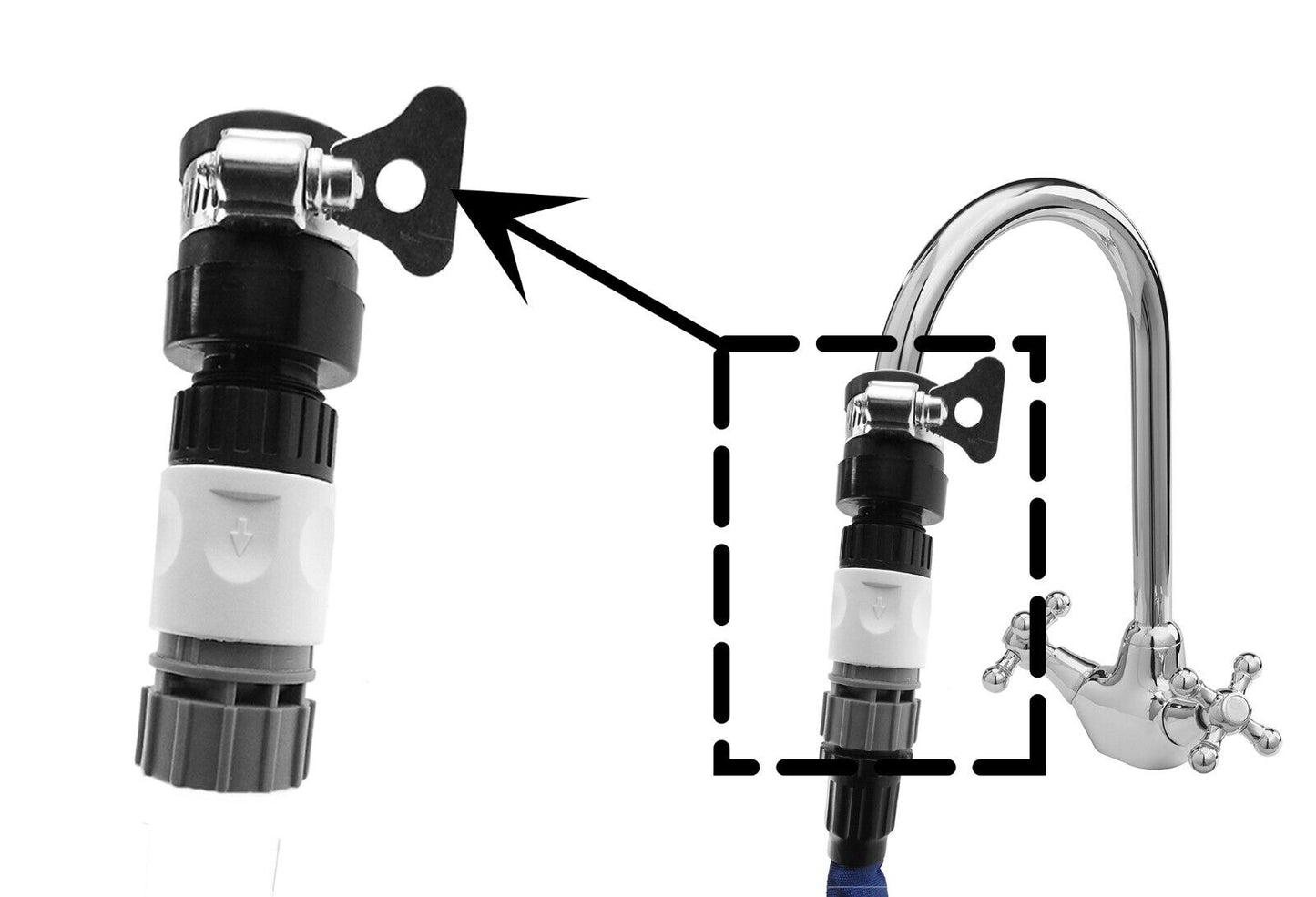 22-24mm Wide Kitchen Tap Connector to Garden hose Adaptor, Hozelock compatible