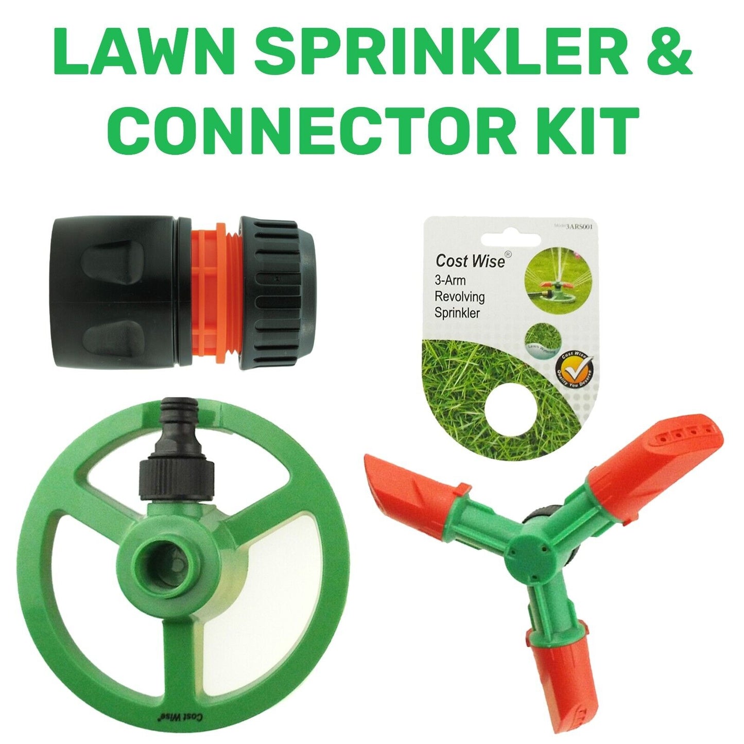 Automatic Lawn Sprinkler Garden Watering Adjustable Spinning 360 & Connector Kit