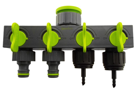 4 Way Garden Tap Splitter, Quick Connect Snap On + 4mm Barb Micro Outlets