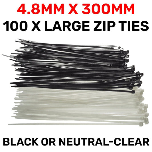 100 Long Cable Wire Zip Ties 4.8mm x 300mm 25cm THICK Wrap Black or Neutral 18KG