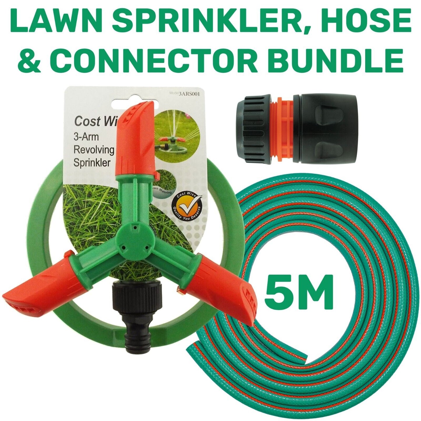 Automatic Lawn Sprinkler 360 Garden Plants Watering 3-ARM + 5M Connection Bundle