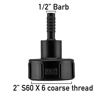 IBC S60X6 TANK ADAPTER 60MM COARSE THREAD TO 1" BARB 1/2" 13MM HOSEPIPE OUTLET