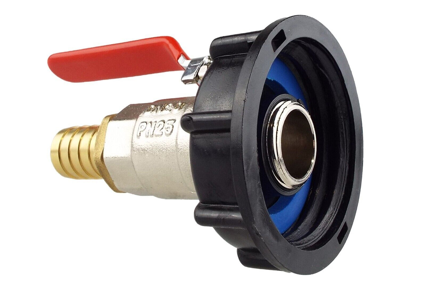 IBC Tank Outlet 2" S60X6 Thread + Lever Valve Full Flow to 19mm Brass Barb 3/4"