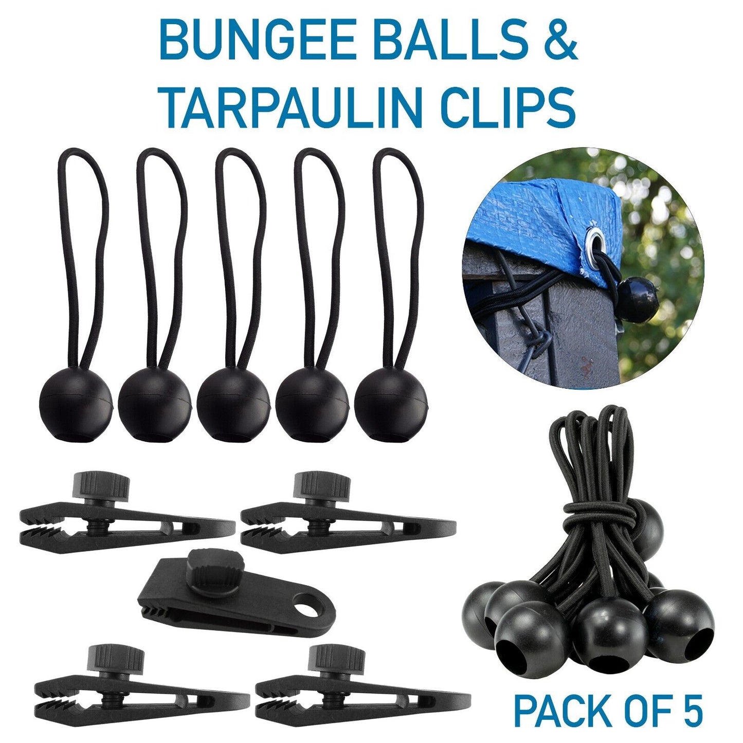 4" Bungee Balls & Tarp Clips, 10 Pack, Elasticated Shock Ties & Grip Push Clips