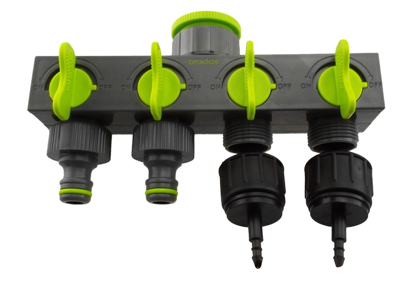 4 Way Garden Tap Splitter, Quick Connect Snap On + 4mm Barb Micro Outlets