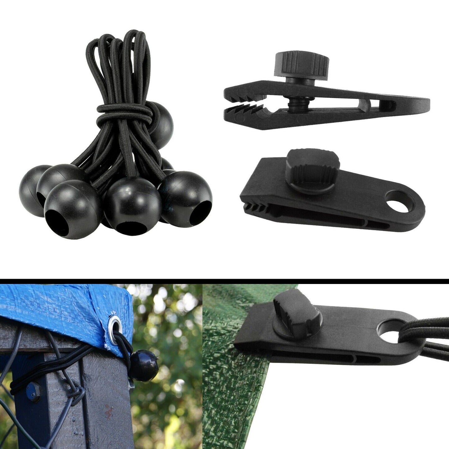 4" Bungee Balls & Tarp Clips, 20 Pack, Elasticated Shock Ties & Grip Push Clips