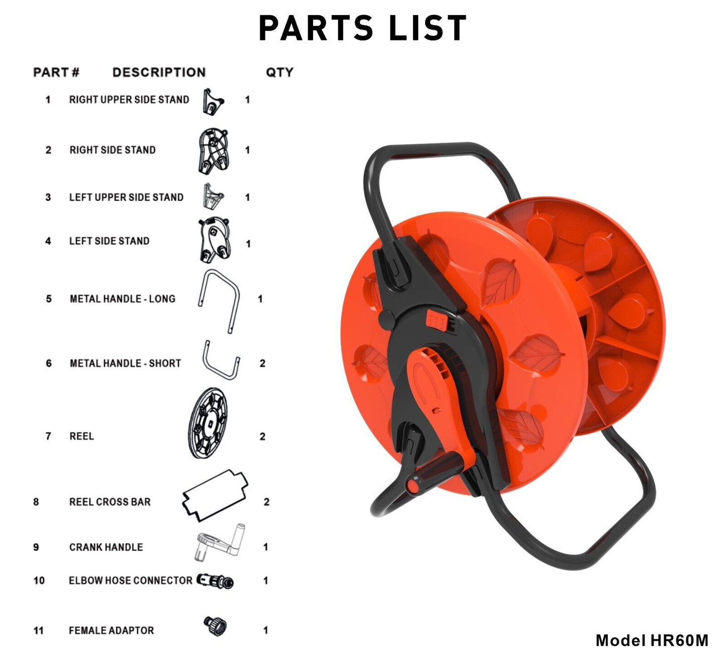 60m Hose Cart Reel Trolley, Folding Handles, Wall Mountable, Free Standing