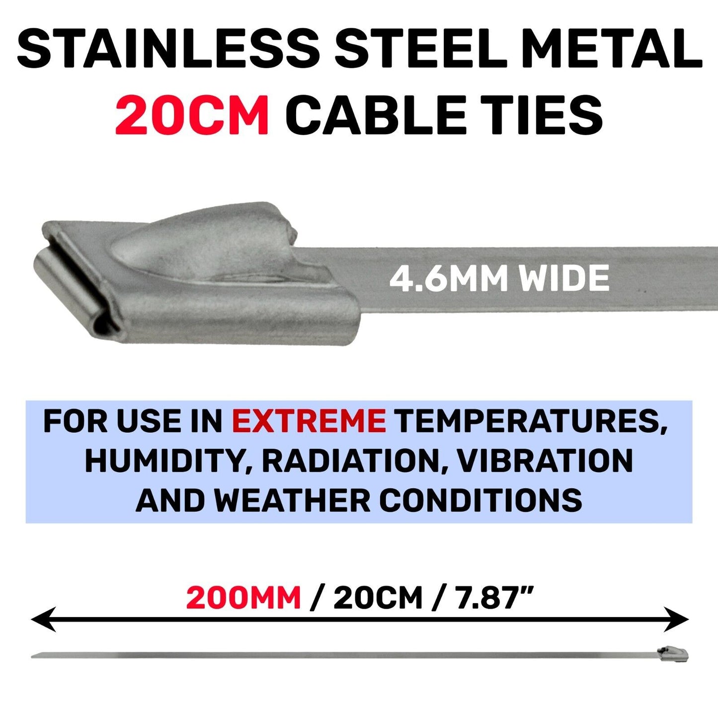 25x STAINLESS STEEL METAL CABLE TIES 20CM Long Extreme Condition Zip Tie Wraps