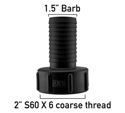 IBC S60X6 TANK ADAPTER 38MM HOSEPIPE OUTLET - 60MM COARSE THREAD TO BARB 1.5"