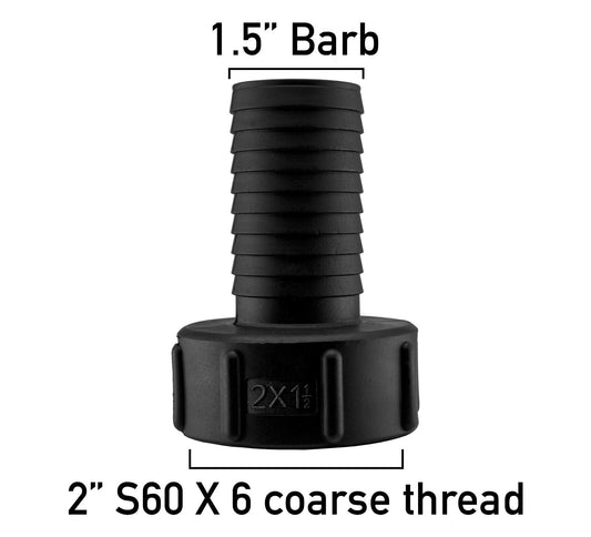 IBC S60X6 TANK ADAPTER 38MM HOSEPIPE OUTLET - 60MM COARSE THREAD TO BARB 1.5"