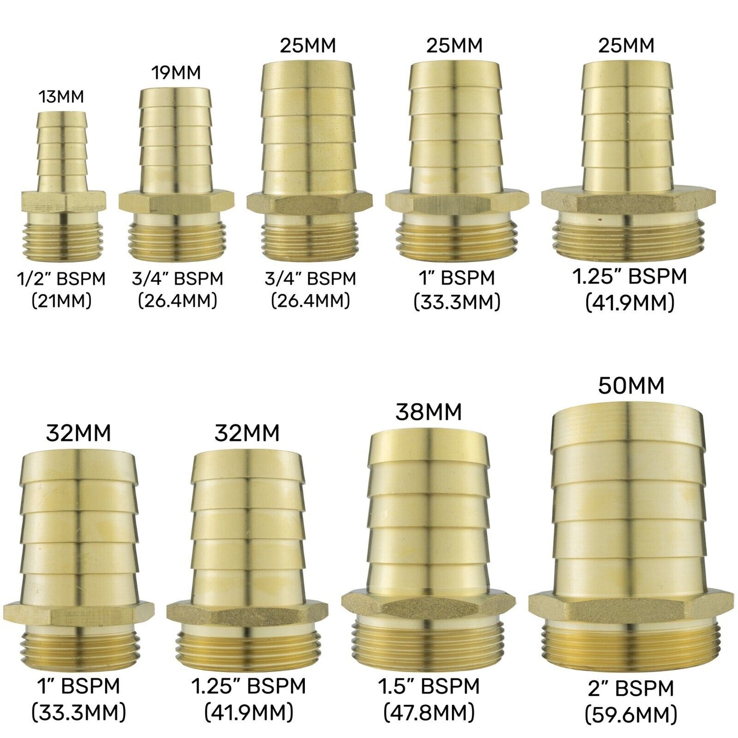 Solid BRASS Hose Tail BSP Threaded Connectors for Air, Water & Fuel Pressure