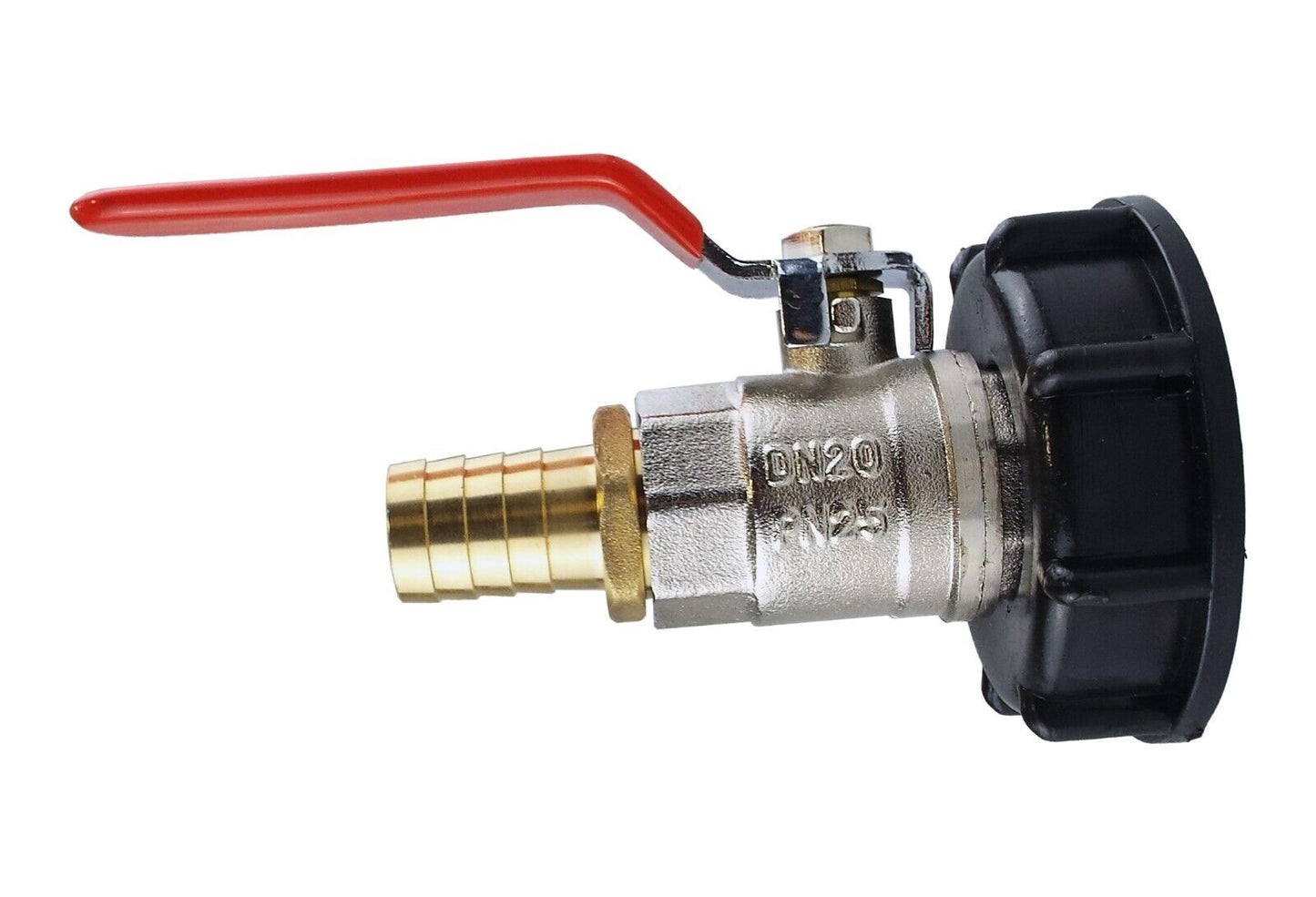 IBC Tank Outlet 2" S60X6 Thread + Lever Valve Full Flow to 19mm Brass Barb 3/4"