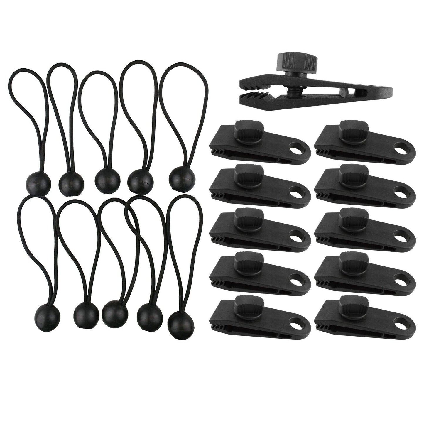 4" Bungee Balls & Tarp Clips, 20 Pack, Elasticated Shock Ties & Grip Push Clips