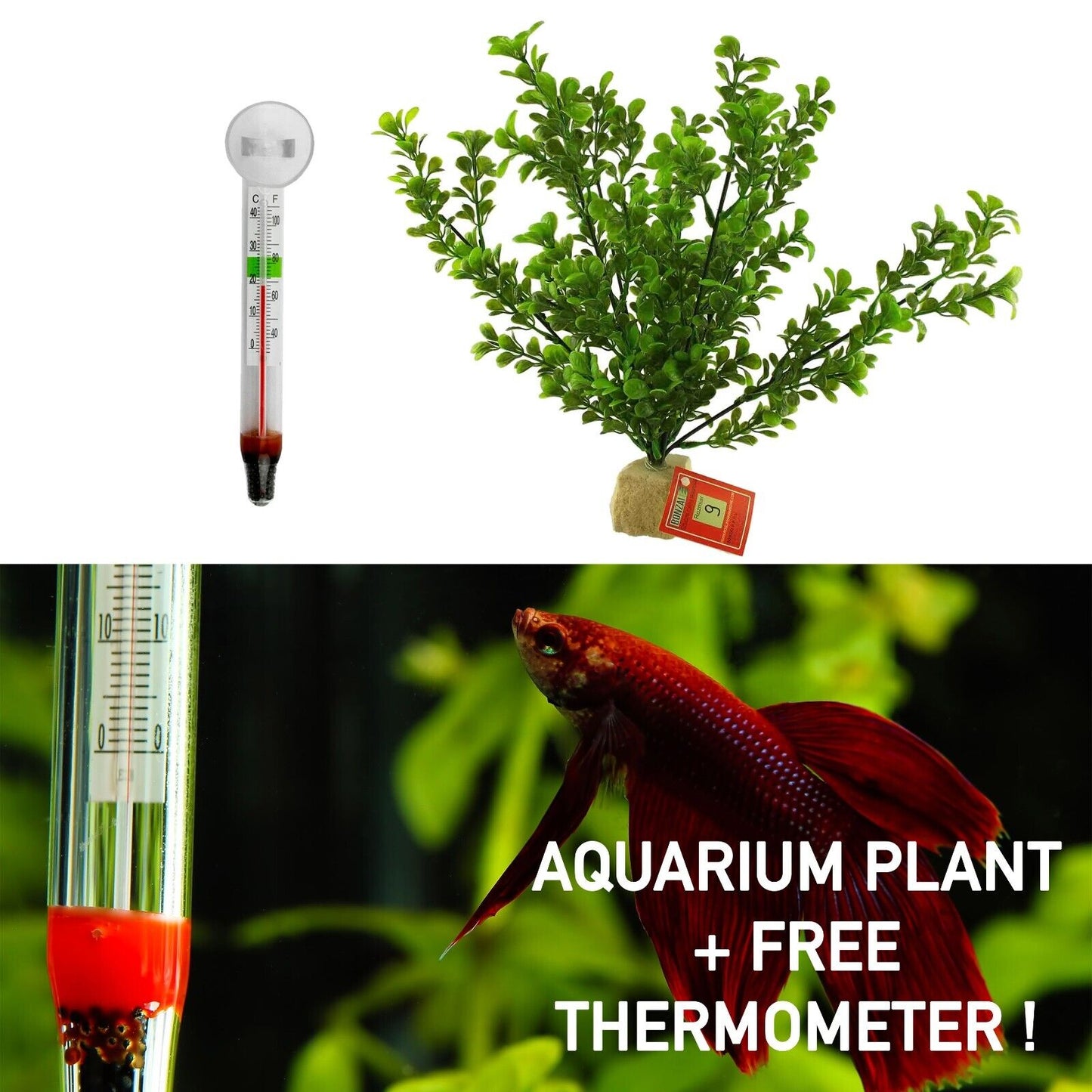 Plastic Fish Tank Aquarium Plant 35cm with FREE Glass Temperature Thermometer