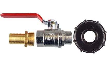 IBC Tank Outlet 2" S60X6 Thread + Lever Valve Full Flow to 19mm Brass Barb 3/4"