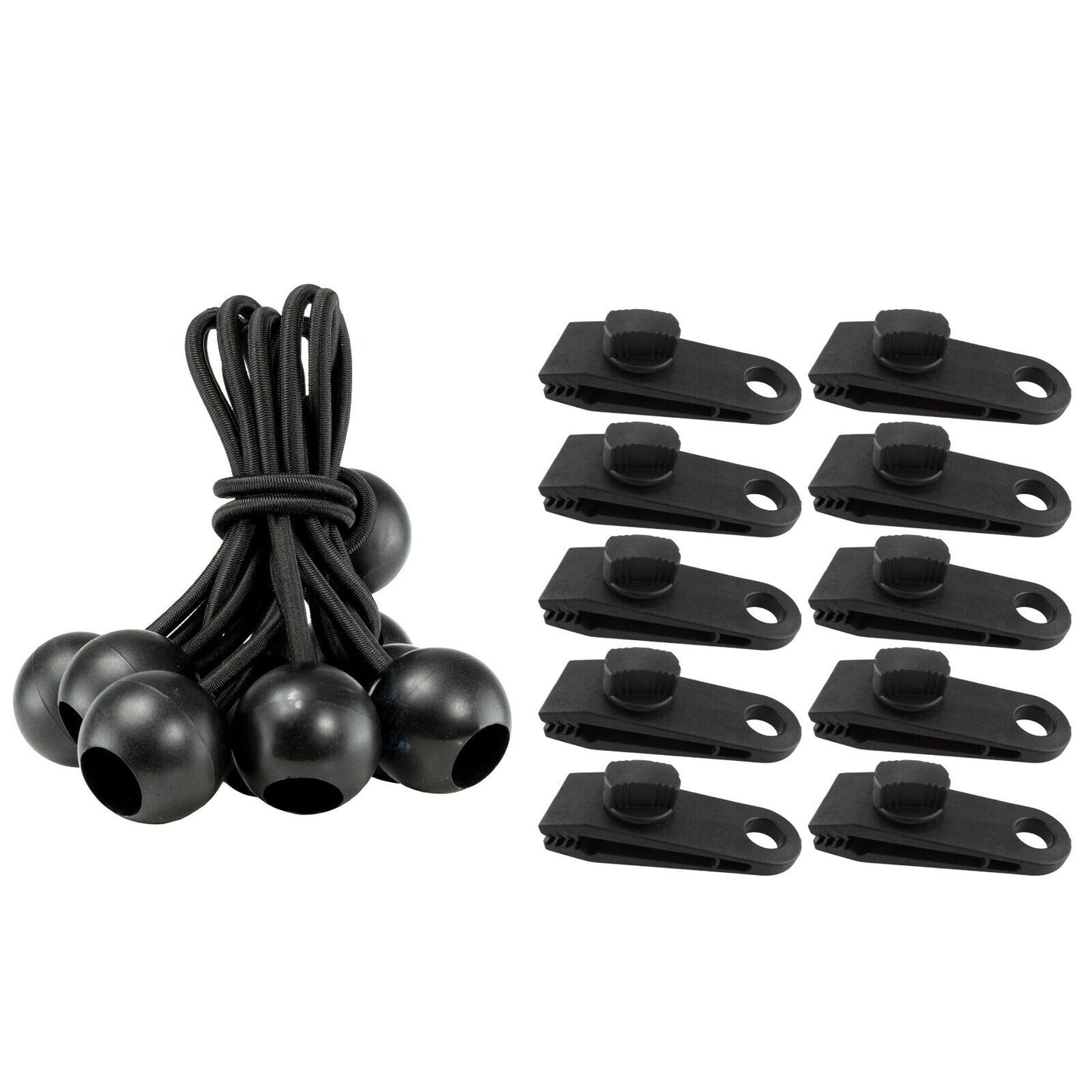 4" Bungee Balls & Tarp Clips, 10 Pack, Elasticated Shock Ties & Grip Push Clips