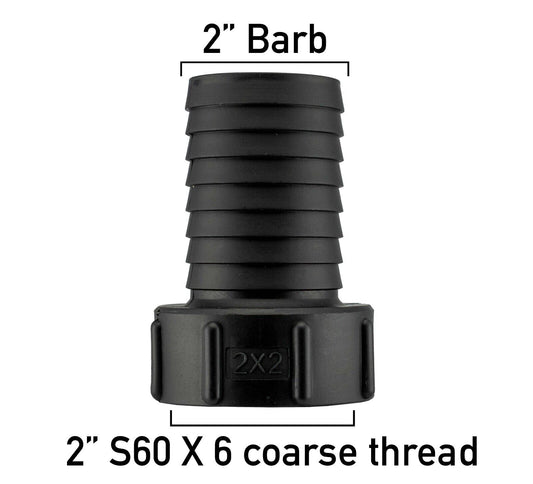 IBC TANK ADAPTER S60X6 60MM COARSE THREAD 2" BARBED HOSETAIL 50MM HI-FLOW OUTLET