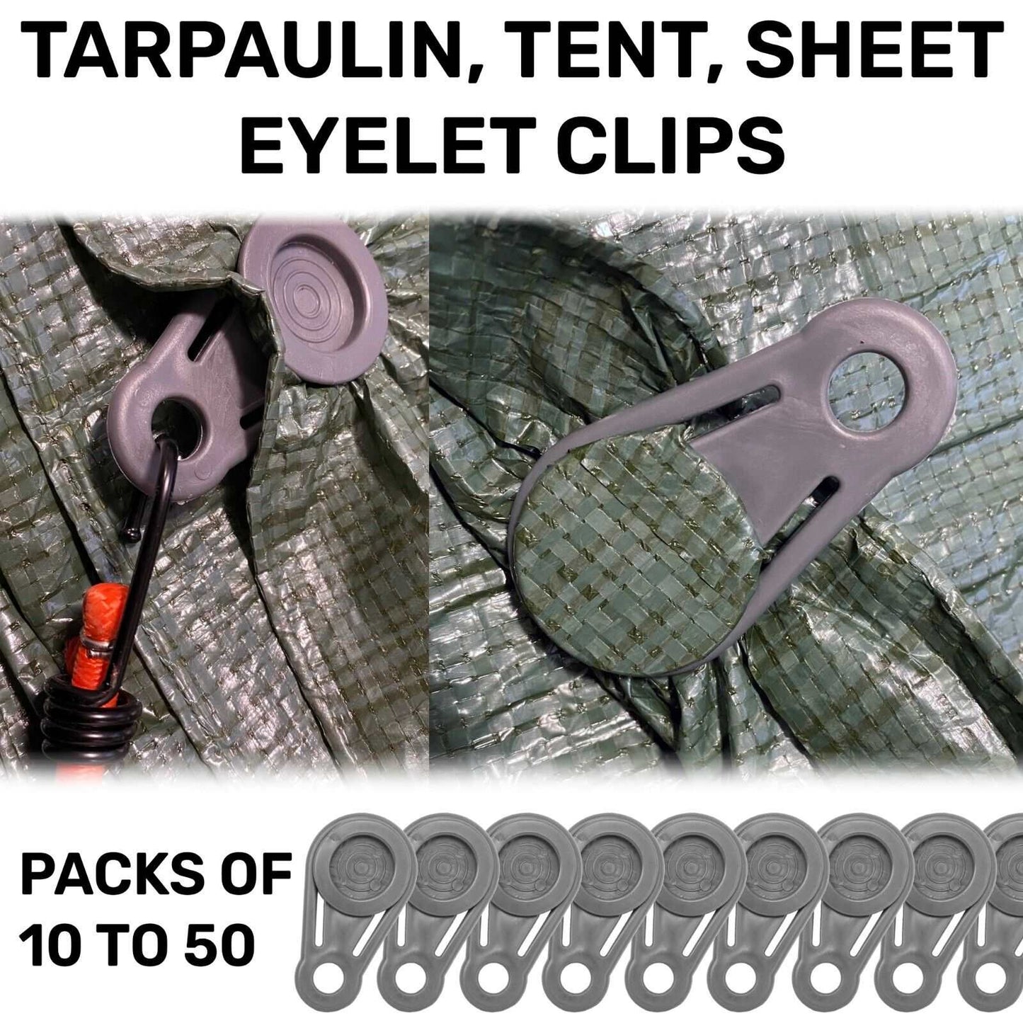 10-50 BRADAS Tent, Tarpaulin & Groundsheet Eyelet Clips, Heavy Duty & Windproof