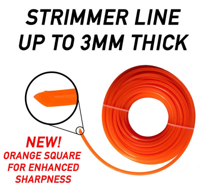 Orange SQUARE Strimmer Line, Strong 15M For Petrol Strimmers, up to 3MM THICK!