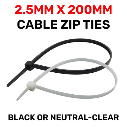 2.5mm x 200mm 20cm Long Cable Wire PC Zip Tie Wraps White or Neutral 18KG Strong