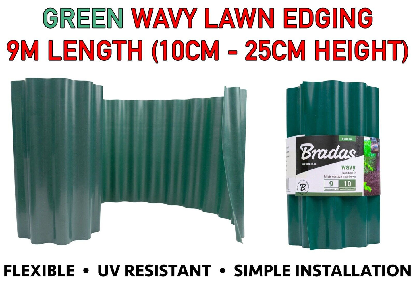 Garden LAWN Border Edging & Wall, 9M Long Separator, 10-25cm Height - GREEN