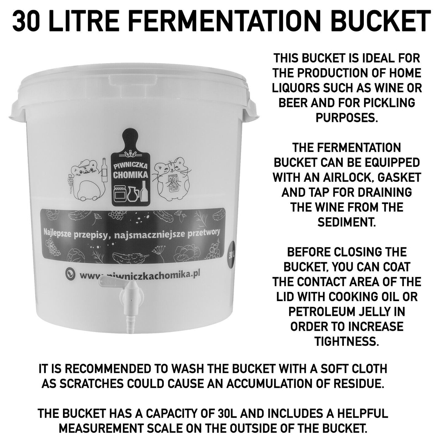 30L Fermentation Brewing Bucket with Tap & Airlock Home Brew, Wine Beer Making