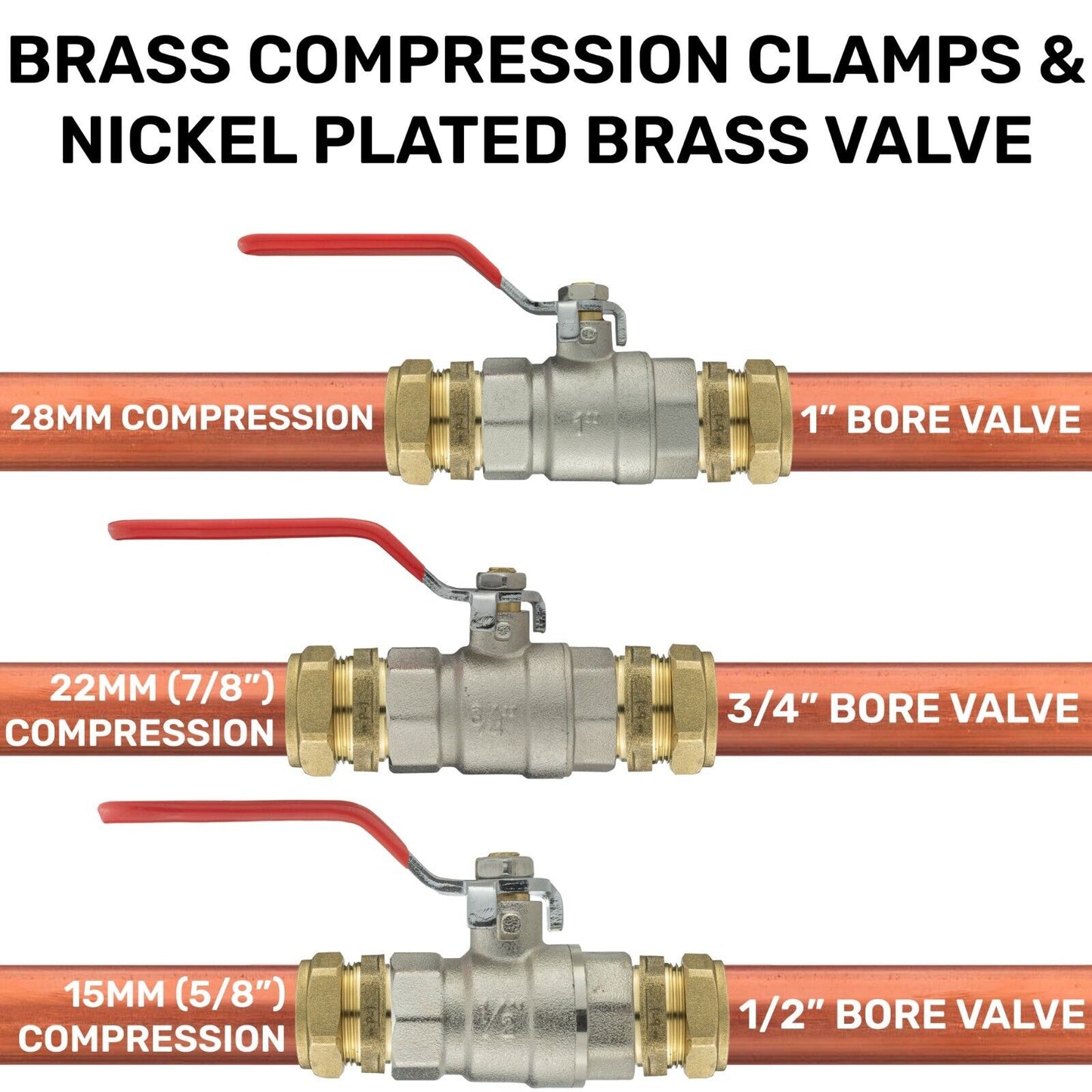 Brass Compression Ball Valve 15mm - 25mm Copper Pipe Plumber Fittings 1" - 1/2"