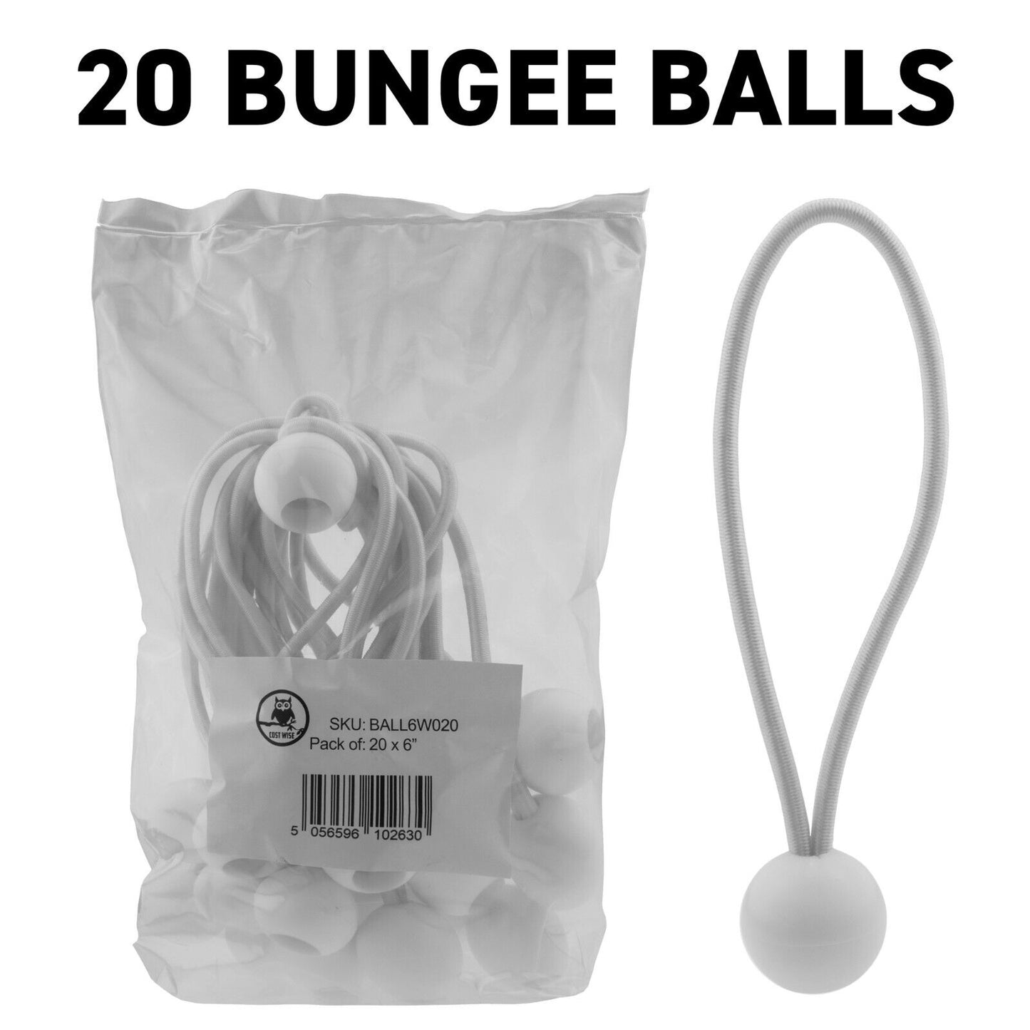 20x White Bungee Balls 6" Marquee Shock Ties, Elasticated Toggles Tarp Fasteners