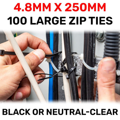 100 Long Cable Wire Zip Ties 4.8mm x 250mm 25cm THICK Wrap Black or Neutral 18KG