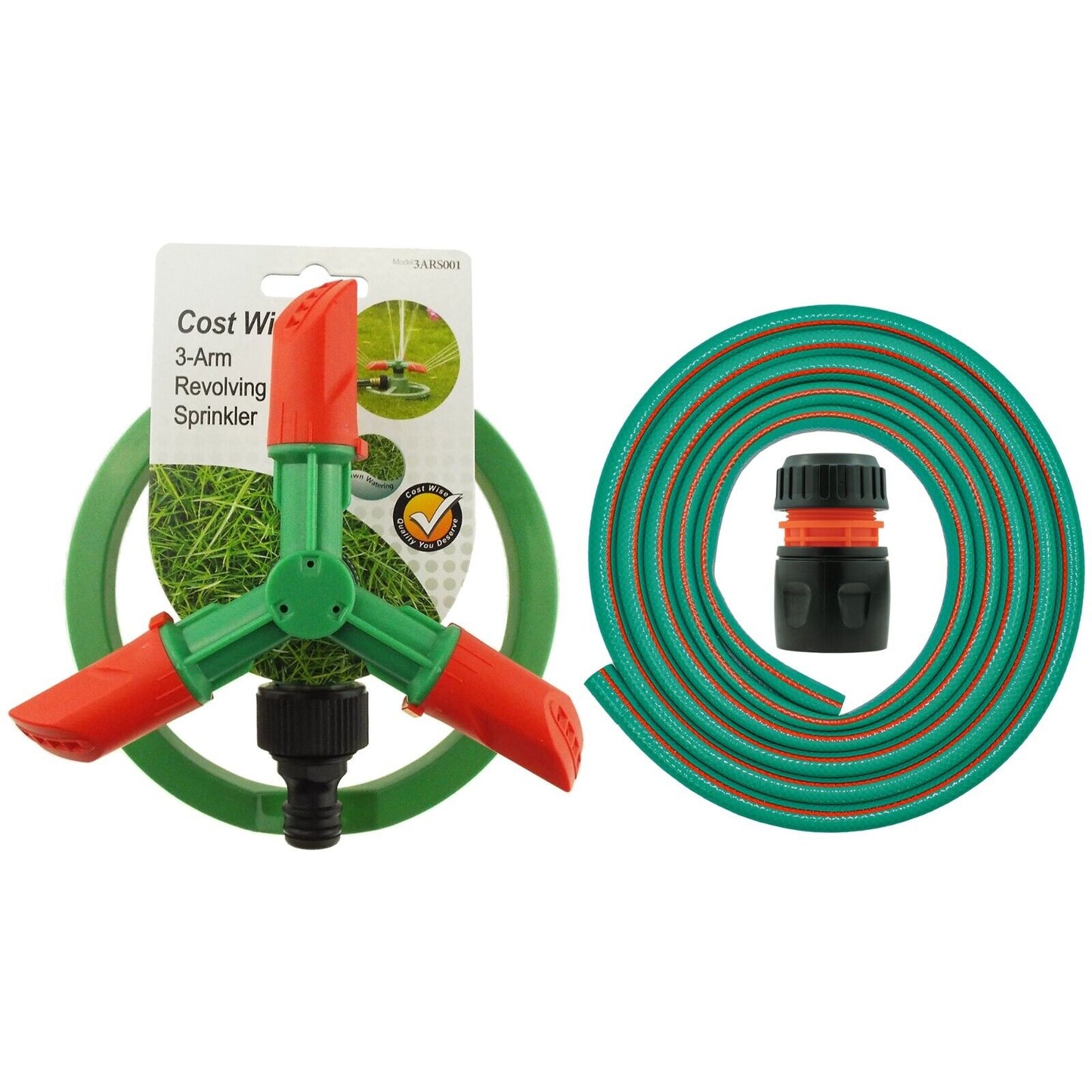 Automatic Lawn Sprinkler 360 Garden Plants Watering 3-ARM + 5M Connection Bundle