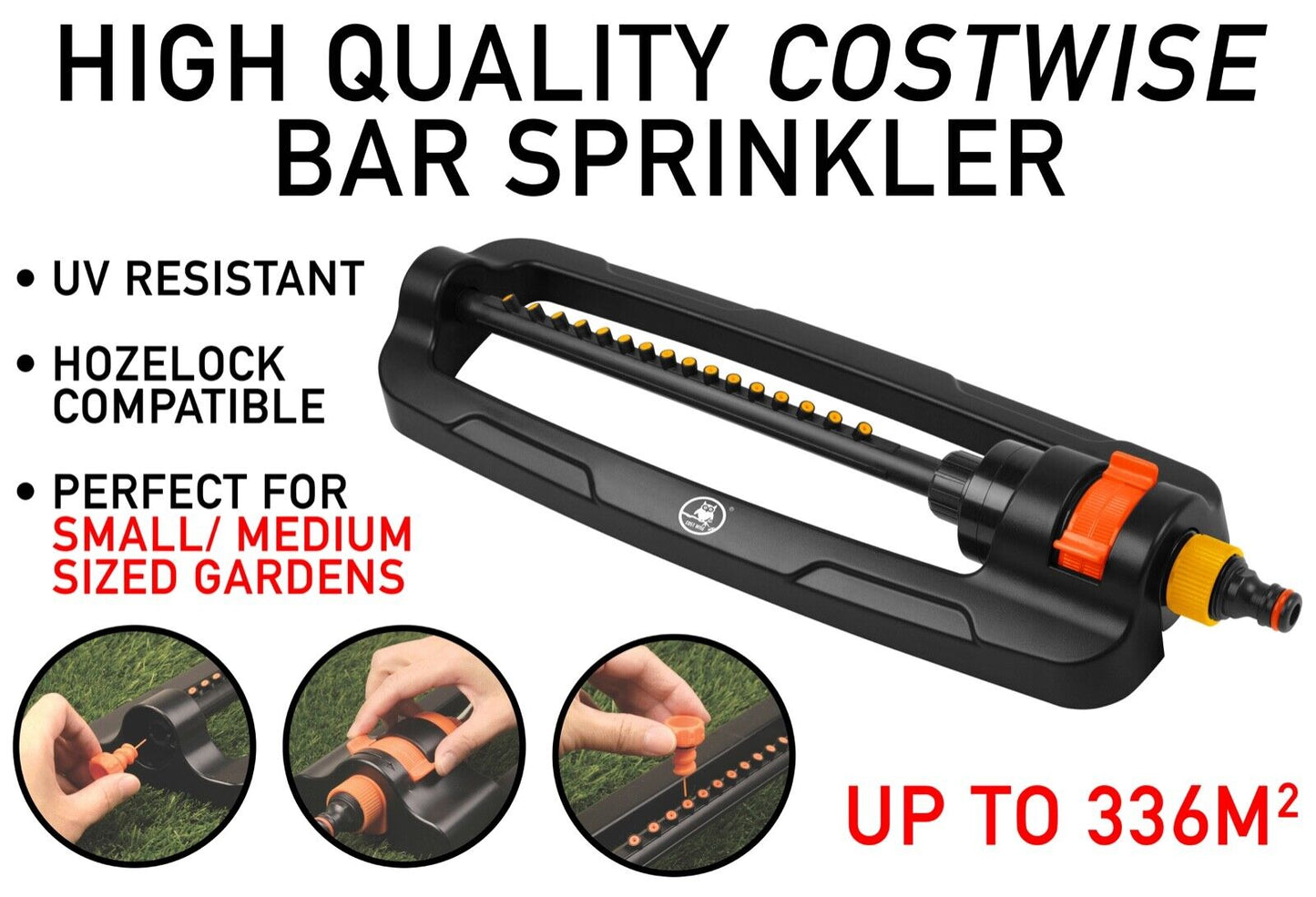 Durable Oscillating Garden LAWN BAR SPRINKLER, up to 336m2, Hozelock Compatible