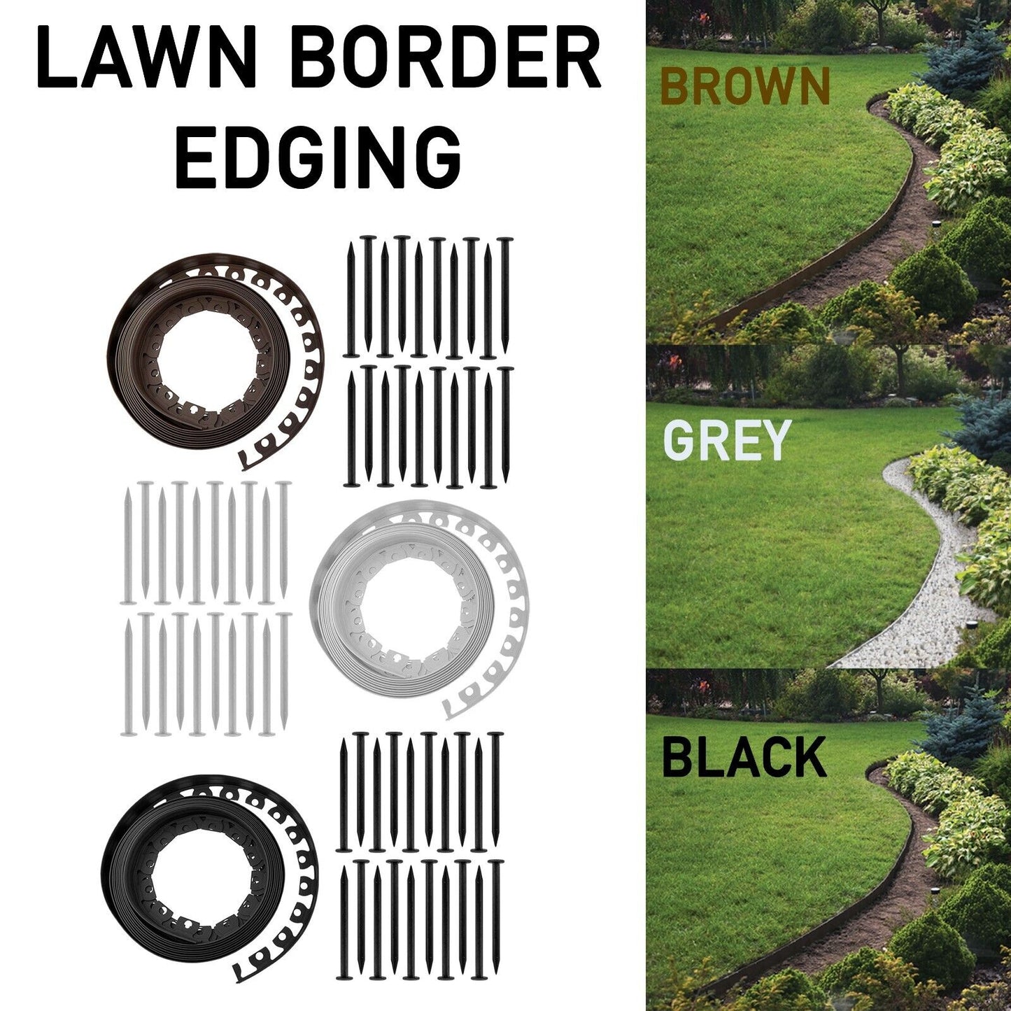 Lawn Path Border Edging,10m x 40mm, FREE Hold Down Pegs in Brown, Grey, Black