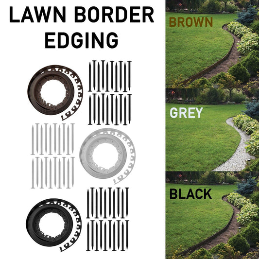 Lawn Path Border Edging,10m x 40mm, FREE Hold Down Pegs in Brown, Grey, Black